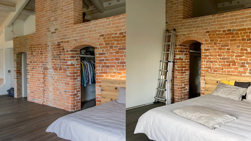 Foto a confronto della camera da letto con mattoni a vista