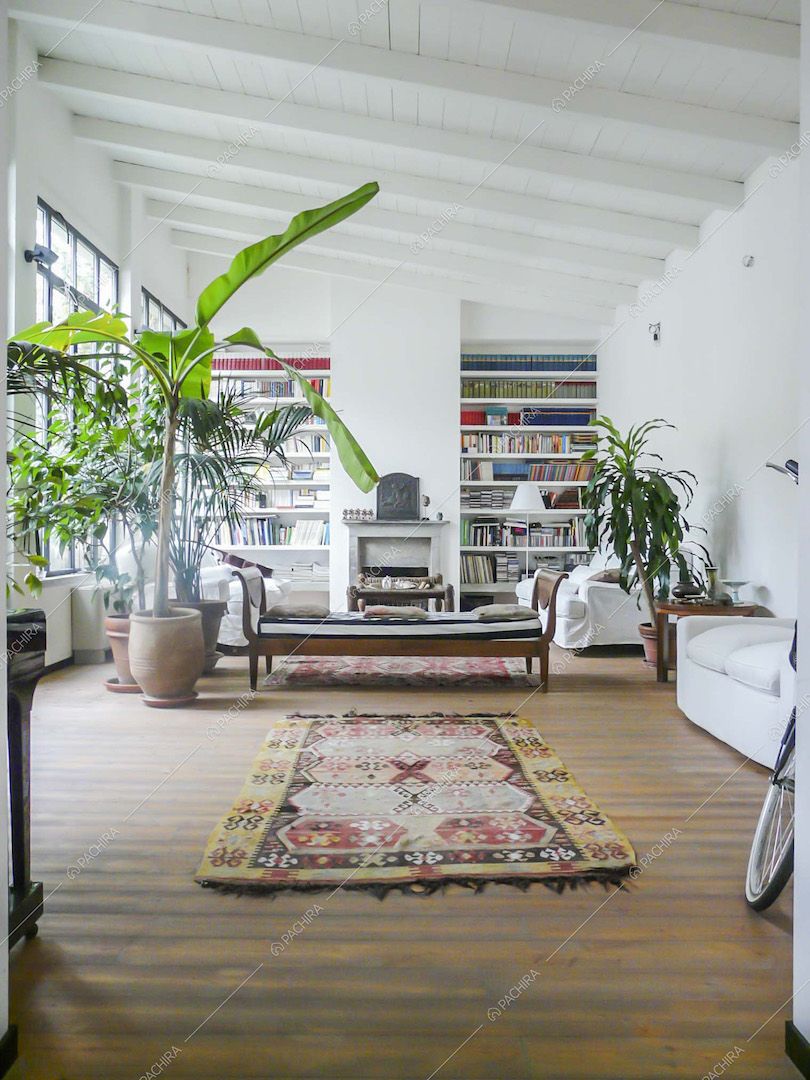 Soggiorno con pavimento in parquet, soffitto con travi in legno a vista e camino