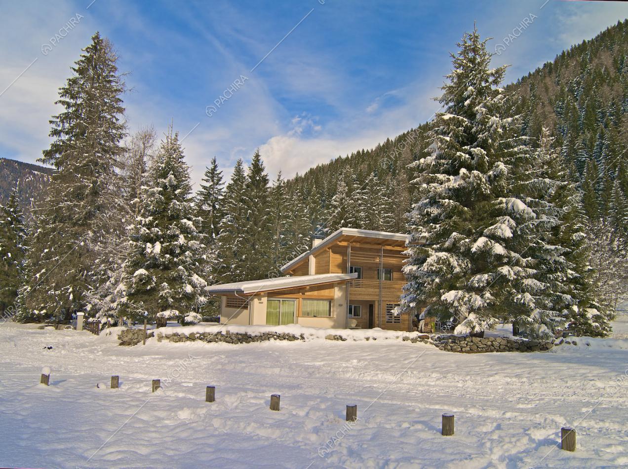 Vista sullo chalet circondato da alberi sempreverdi dagli esterni innevati