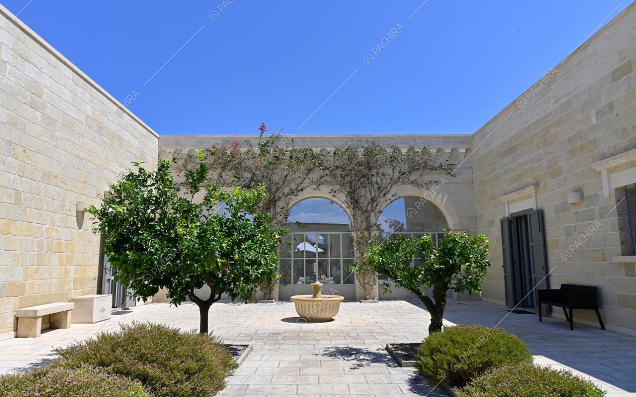 Nel cortile, siepi, fontana e vista sulle ampie porte-finestre