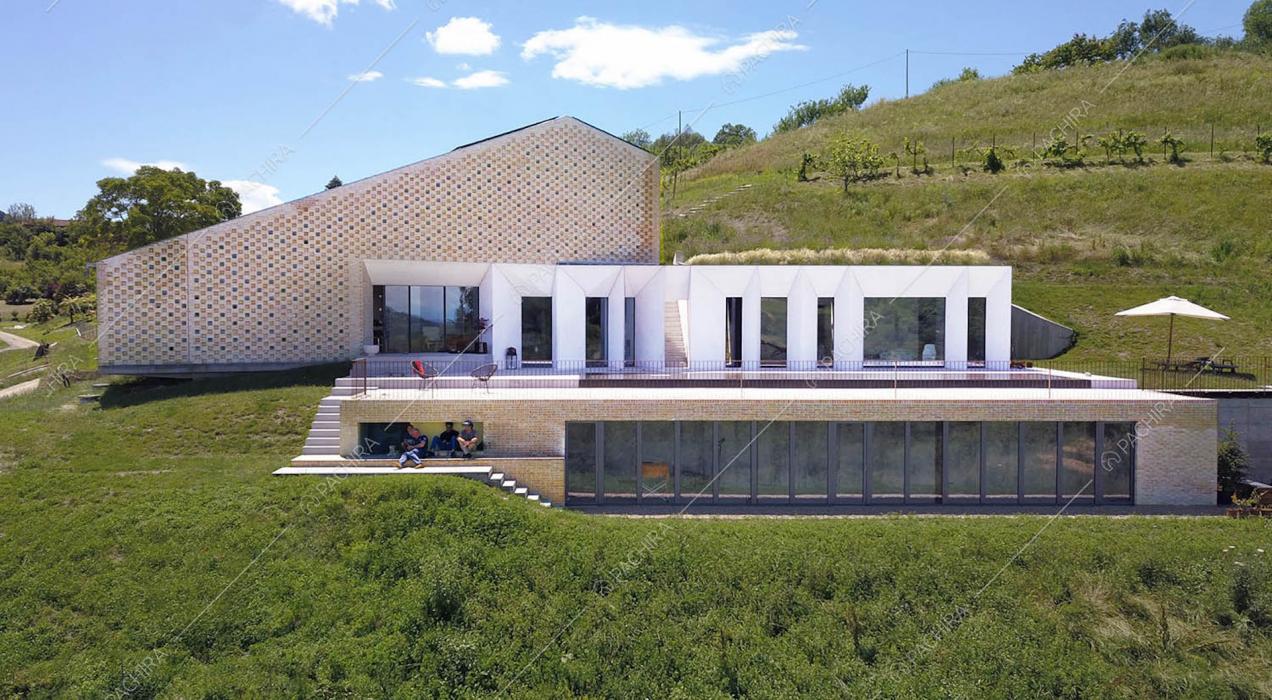 Vista sui tre livelli della villa con grandi vetrate, piscina e parco