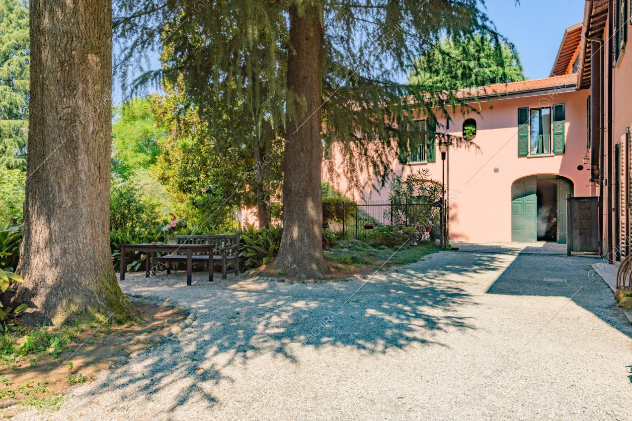 Panchine, grandi alberi ed esterni rosa