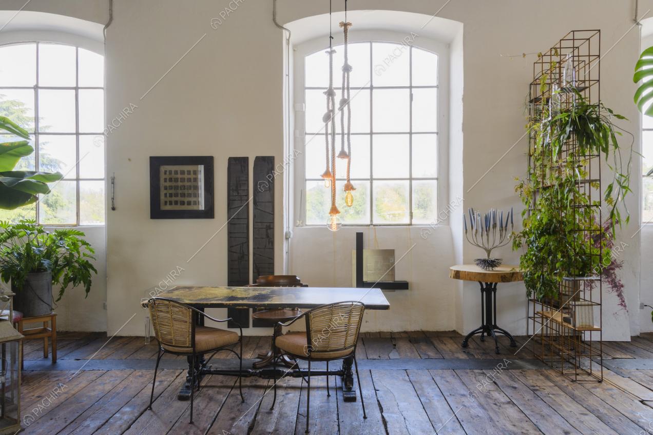 Tavolo con struttura in ferro, mobili di design e piante