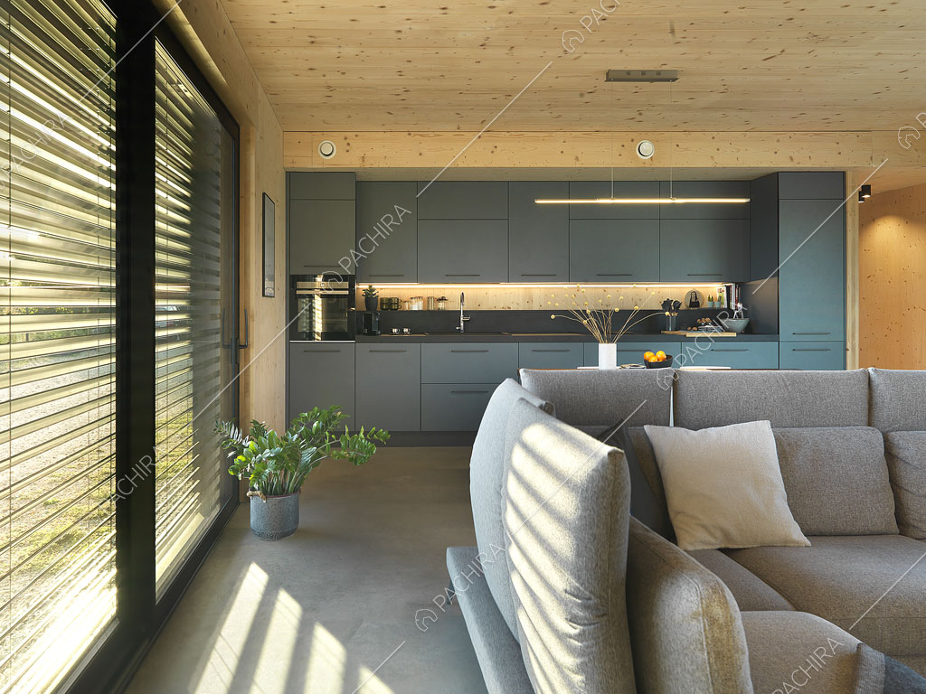 Grandi porte-finestre nella zona living con divano grigio e soffitto e pareti in legno