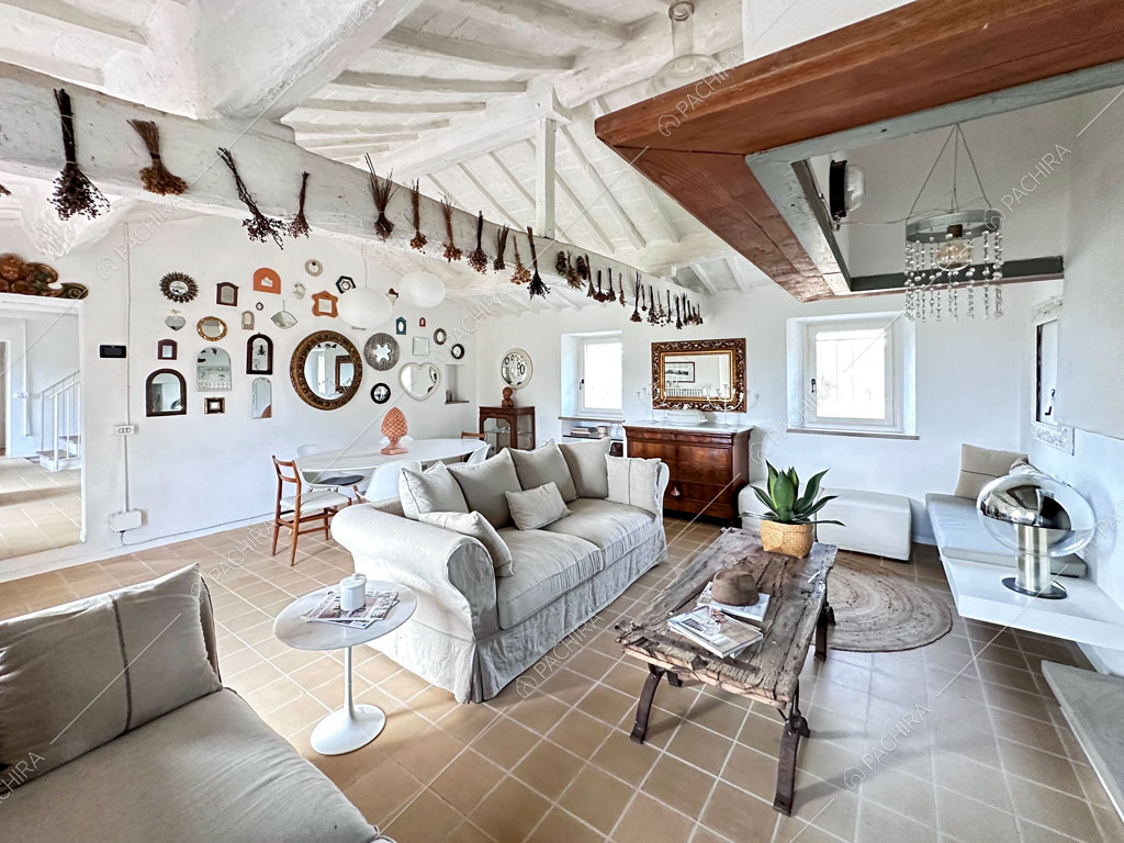 Zona living con pareti bianche, travi in legno a vista sul soffitto e divani grigi