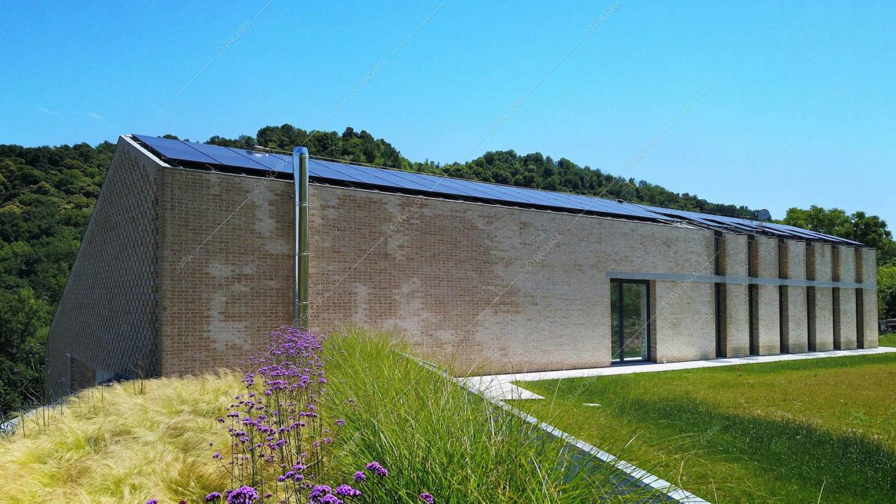 Dal curato giardino vista sugli esterni della location e sul tetto con pannelli solari