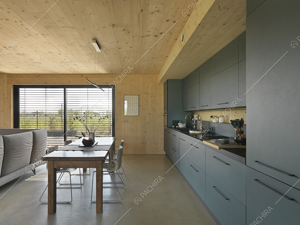 Cucina grigia a parete con fornelli a induzione nella grande zona living