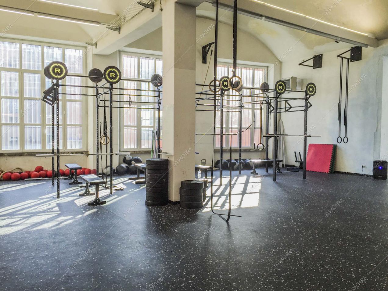 Soffitti alti a volta, anelli, pesi, struttura da crossfit