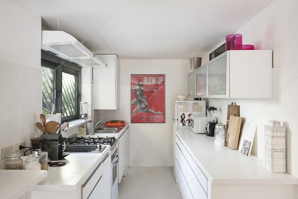 Cucina a parete bianca con finestre sul giardino