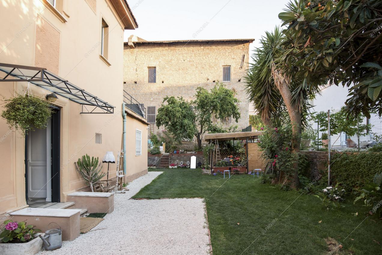 Grandi piante nel giardino e giochi per bambini