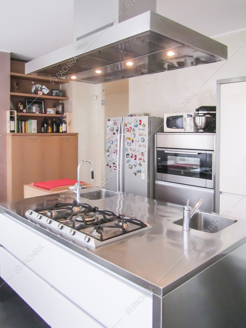 Isola della cucina in acciaio, armadio in legno, frigorifero pieno di calamite