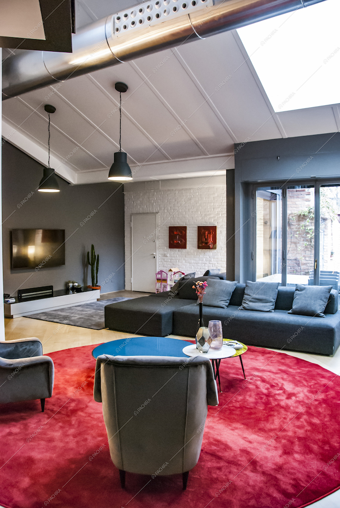 Loft moderno con tappeto rosso in velluto