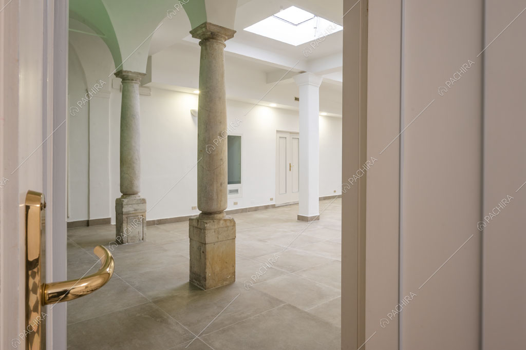 Porta del salone con colonne, lucernari e pareti bianche