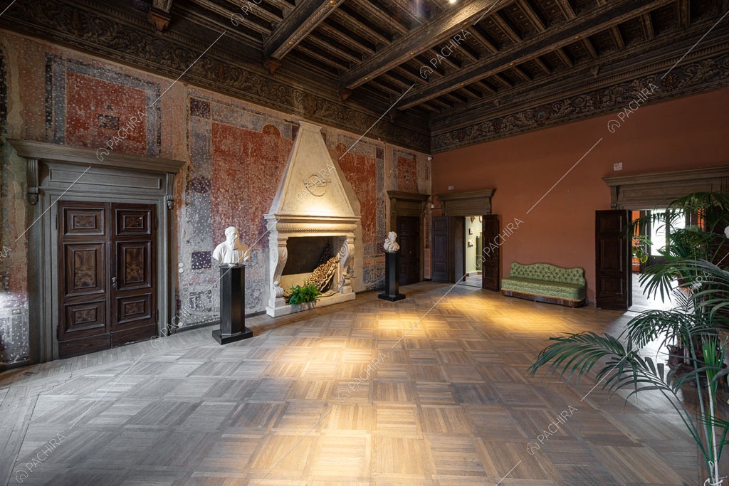 Salone con soffitto a cassettoni, camino, pavimento in parquet e parete délabré