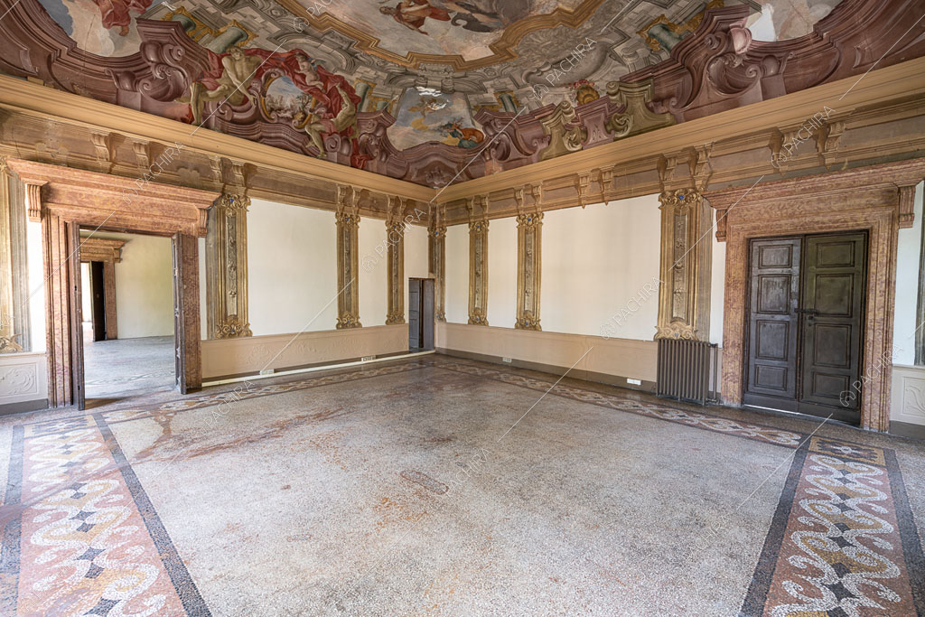 Grande salone con boiserie alle pareti e soffitto affrescato