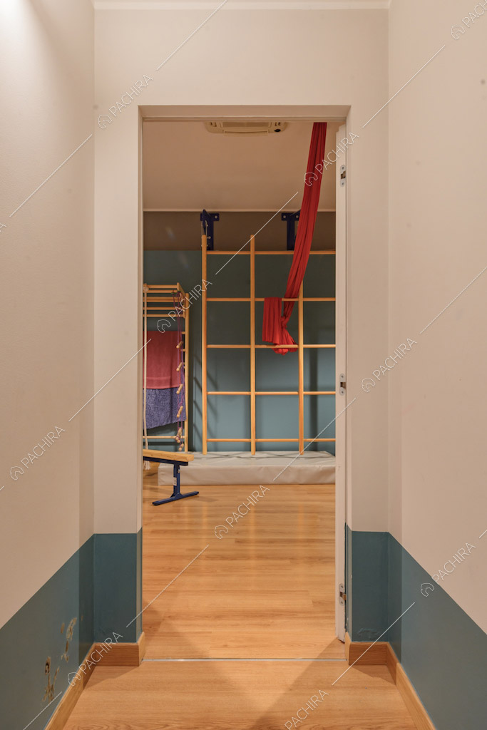Dal corridoio vista sulla palestra con pavimento in parquet, trave e quadro svedese