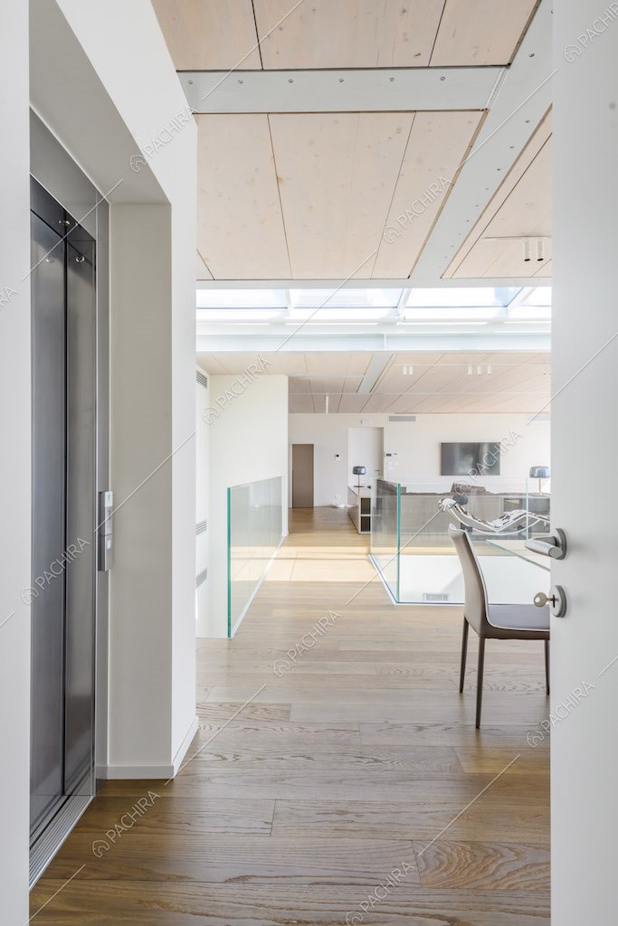 Grande sala con soffitto in legno, pavimento in parquet e ascensore