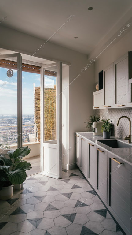 Cucina a parete con vista sullo skyline nell'appartamento Granadella, location in stile contemporaneo a Roma