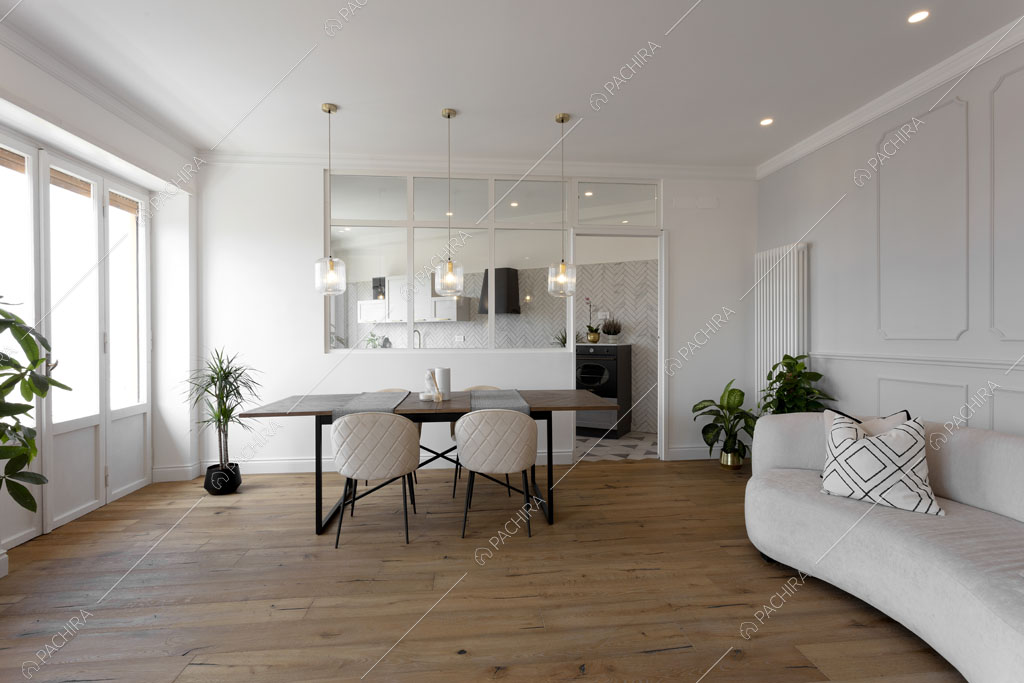 Pavimento in parquet nella zona living dell'appartamento Granadella, location in stile contemporaneo a Roma