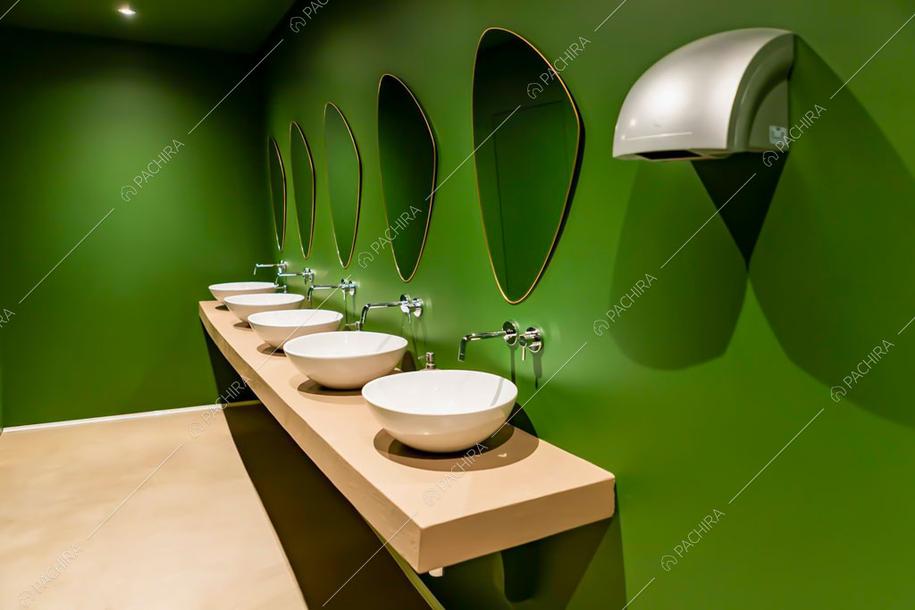 Bagno con pareti verdi del locale Pink Drift, location in stile eclettico a Ravenna
