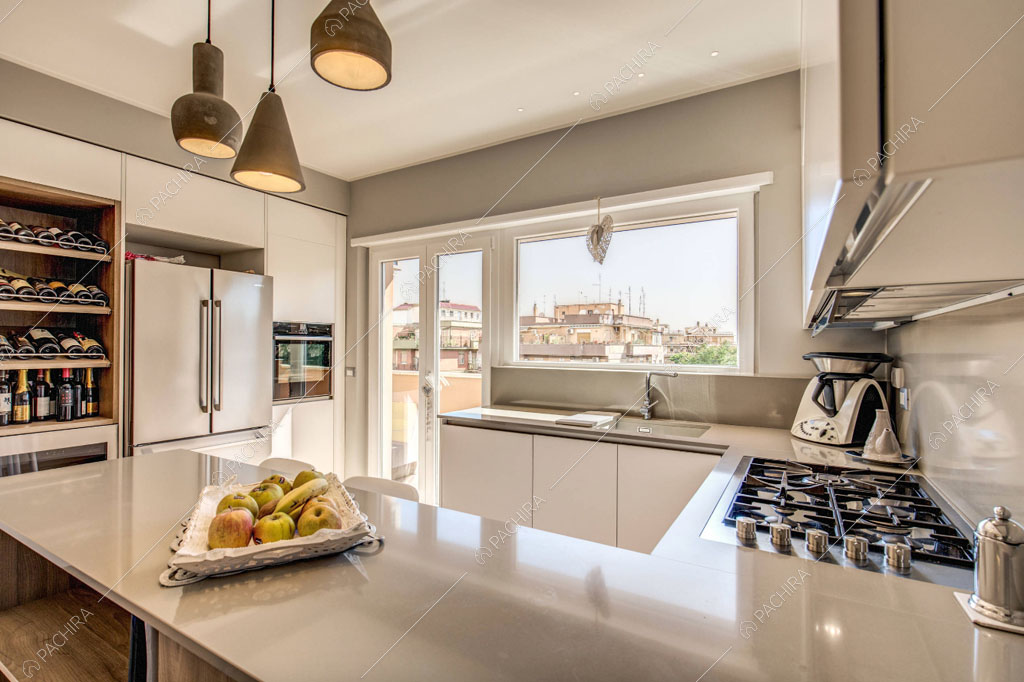 Cucina con fornelli a gas dell'appartamento Crassula, location in stile moderno a Roma