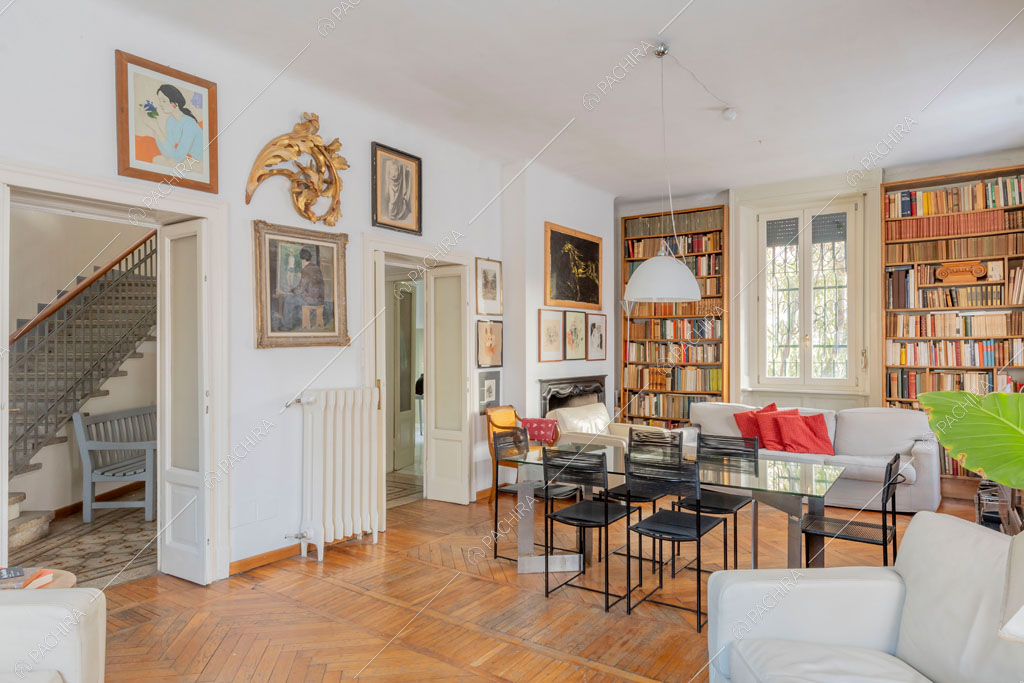 Zona living della villa Oglio, location in stile moderno a Milano