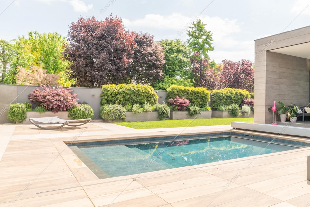 Splendida piscina nel giardino con siepi curate della location