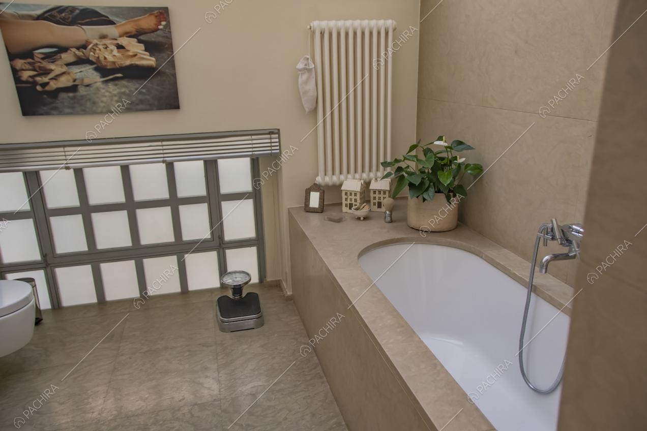 Vasca da bagno con soprammobili e pianta in vaso