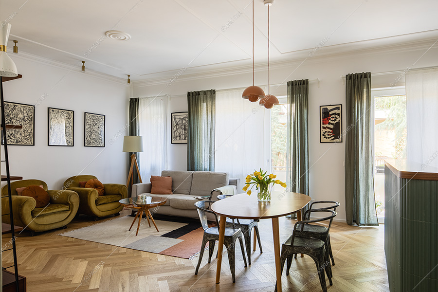 Sala dell'appartamento moderno Jilò, location per shooting a Roma
