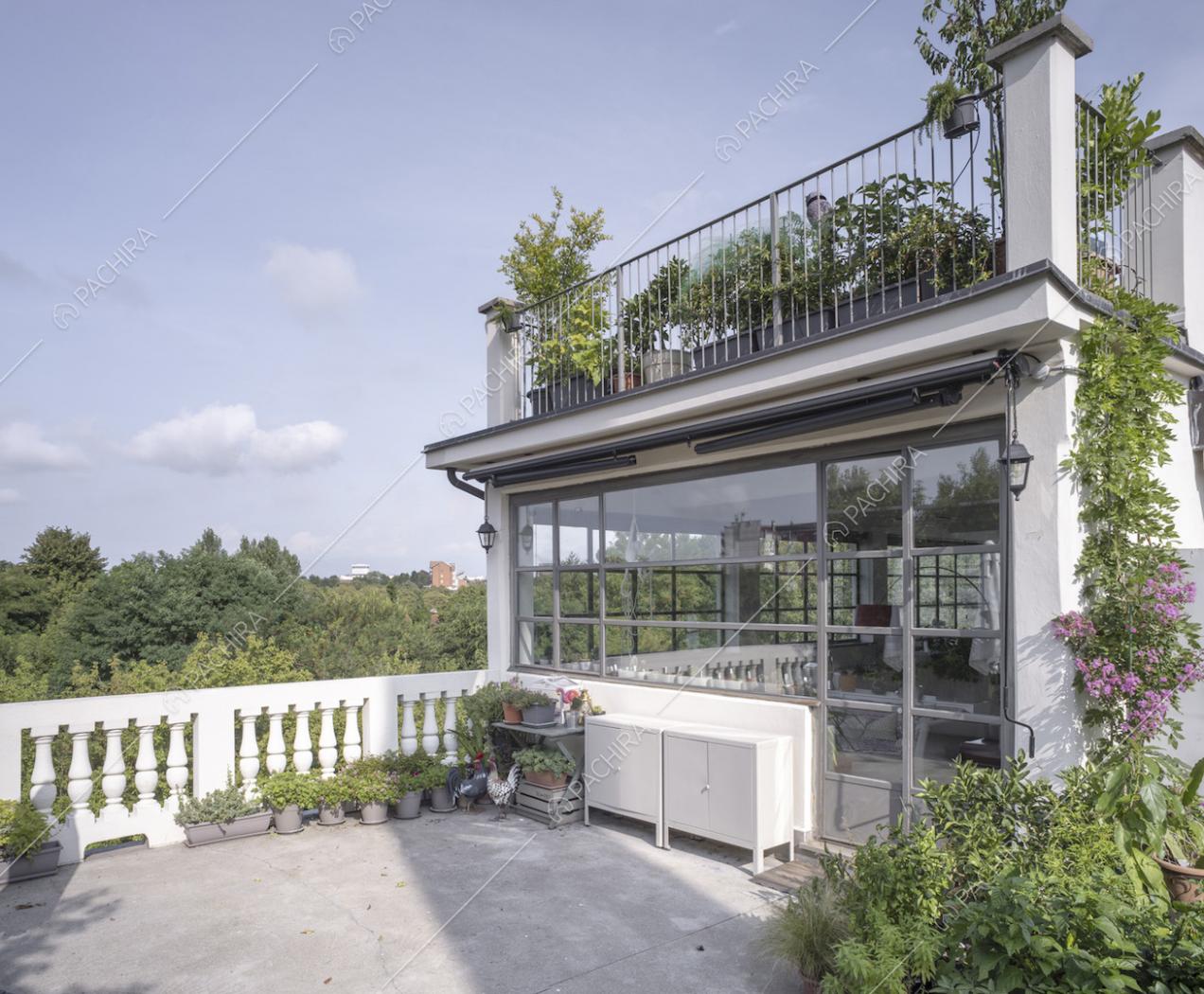 Dalla terrazza vista su quella superiore, sul parco e sulla finestra industriale