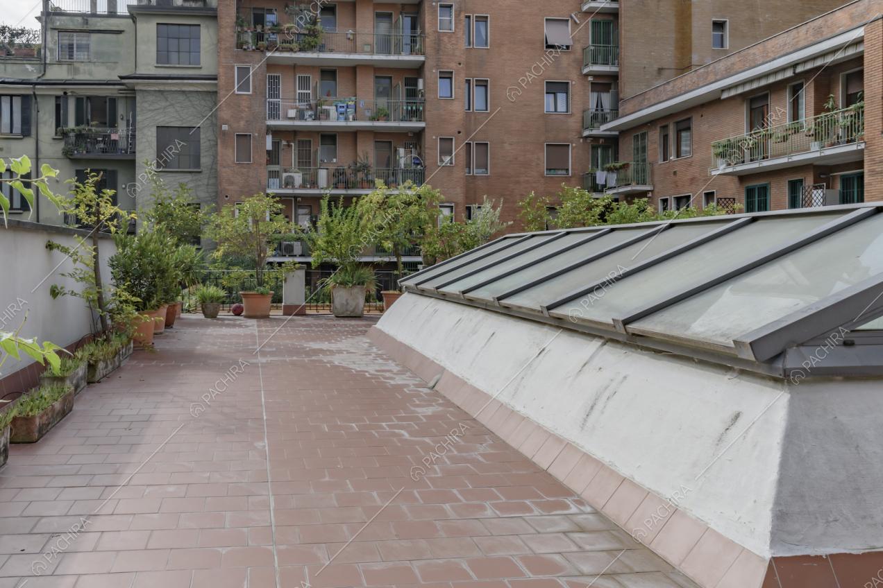 Terrazza con pavimento in piastrelle e piante 