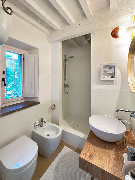 Bagno con box doccia, pareti bianche e travi a vista sul soffitto