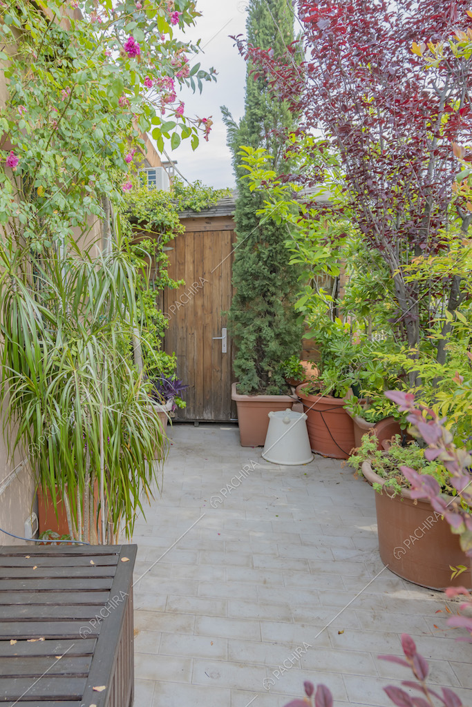 Terrazza con rimessa degli attrezzi in legno