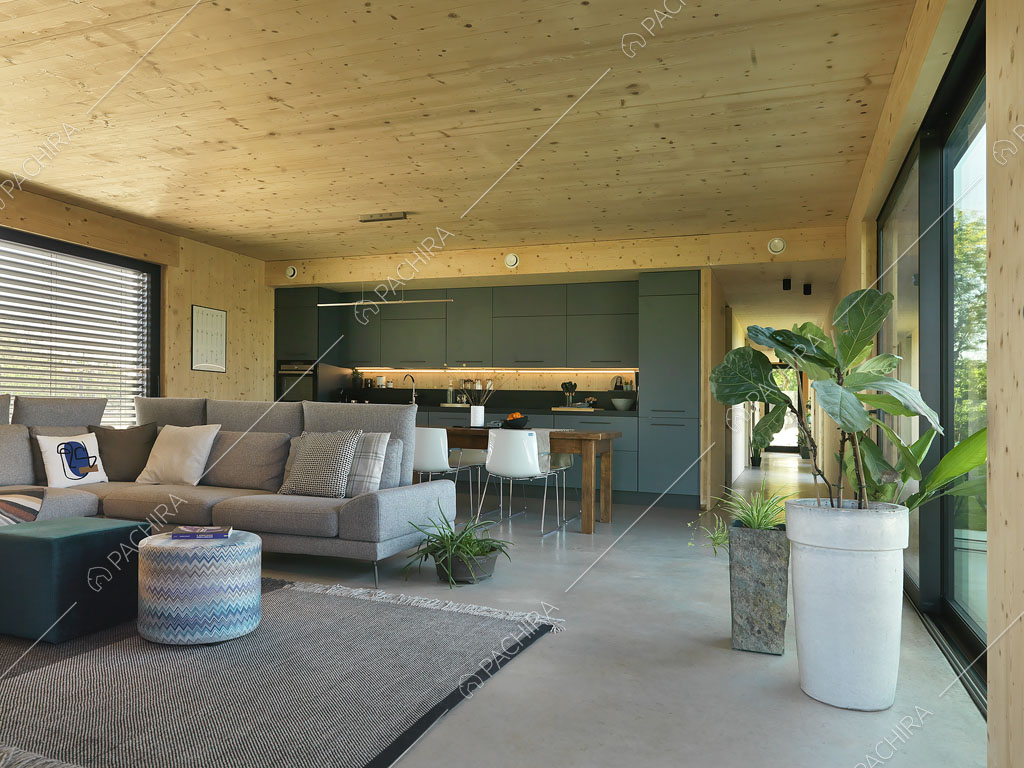 Luminosa zona living con divano grigio, vetrate e cucina a parete